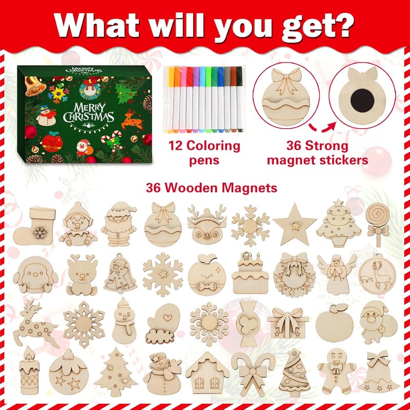 Worgree Christmas Crafts for Kids, 36pcs DIY Wooden Magnets Art Craft Supplies Painting Kit for Boys Girls Ages 4-8 8-12 Xmas Stocking Stuffers Toys Party Favors Gifts Goodie Bag Fillers Holiday Decor - Image 2